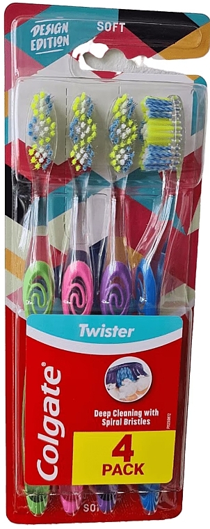 Набор мягких зубных щеток, 4 шт, салатовая + розовая + фиолетовая + синяя - Colgate Twister Design Edition Soft Toothbrush — фото N1