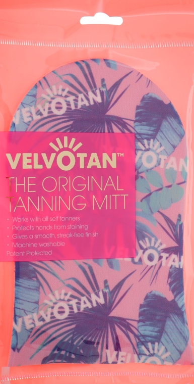 Аплікатор-рукавиця для автозасмаги, рожева із зображенням тропічного листя - Velvotan The Original Tanning Mitt — фото N1