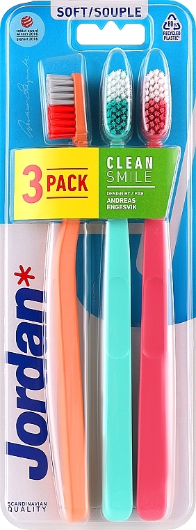 Зубная щетка мягкая, оранжевая, бирюзовая, розовая - Jordan Clean Smile Soft — фото N1