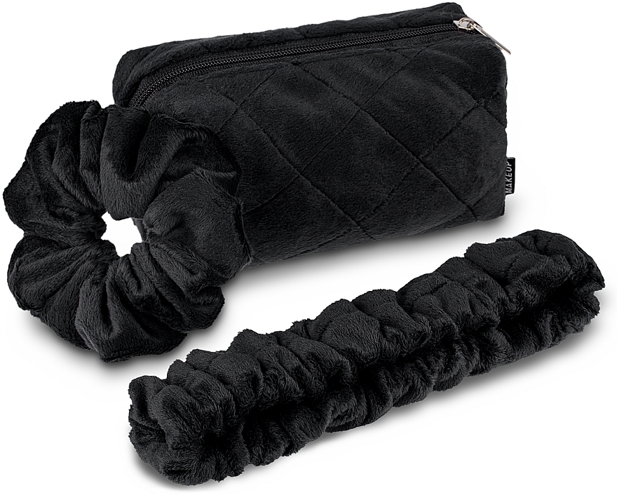 Набір аксесуарів для б'юті-рутини "Tender Pouch", чорний - MAKEUP Beauty Set Cosmetic Bag, Headband, Scrunchy Black — фото N1