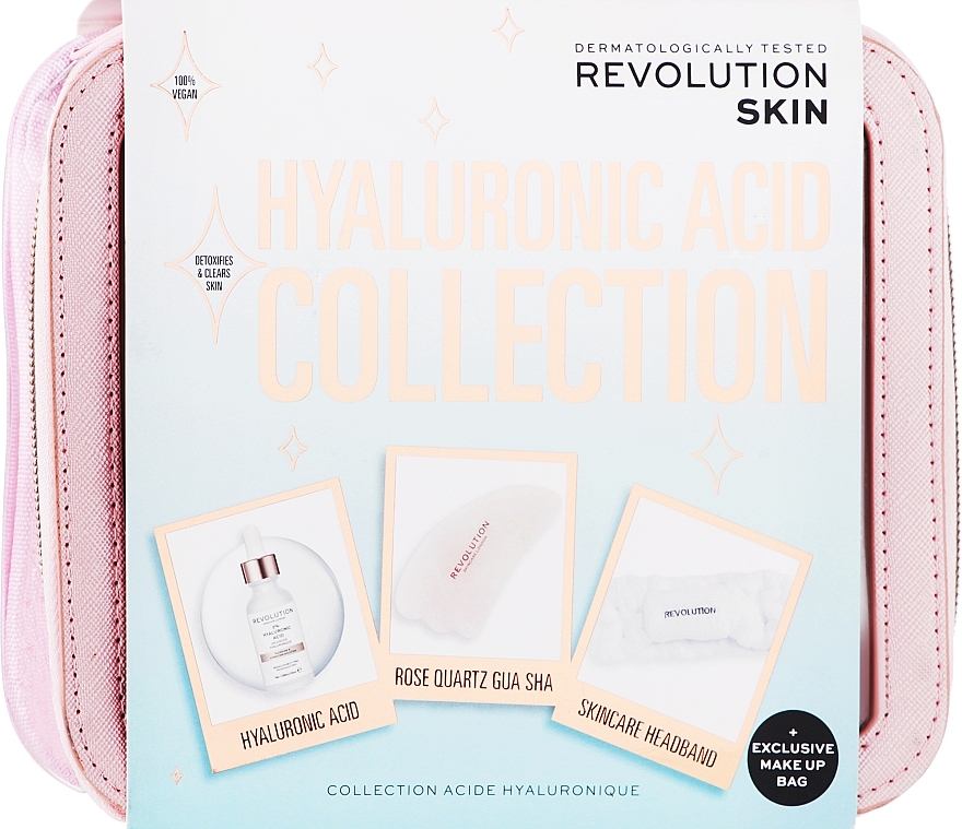 Набір - Makeup Revolution Skincare The Hyaluronic Acid Skincare Gift Set (bag/1pc + headband/1pc + f/mass/1pc + f/ser/30ml) — фото N1