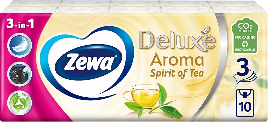 Носові хустинки паперові з ароматом зеленого чаю, тришарові, 10 упаковок по 10 шт - Zewa Deluxe Aroma Spirit Of Tea
