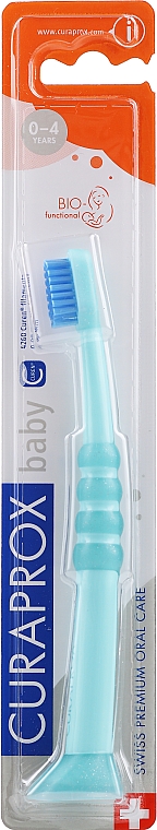 Зубная щетка детская CS Baby с прорезиненной ручкой (0-4), зеленая, голубая щетина - Curaprox — фото N1