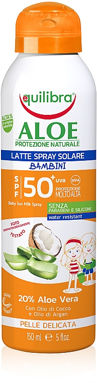Детское солнцезащитное молочко-спрей SPF 50+ - Equilibra Sun Cream Aloe SPF 50+ For Kids Spray Bottle  — фото N1