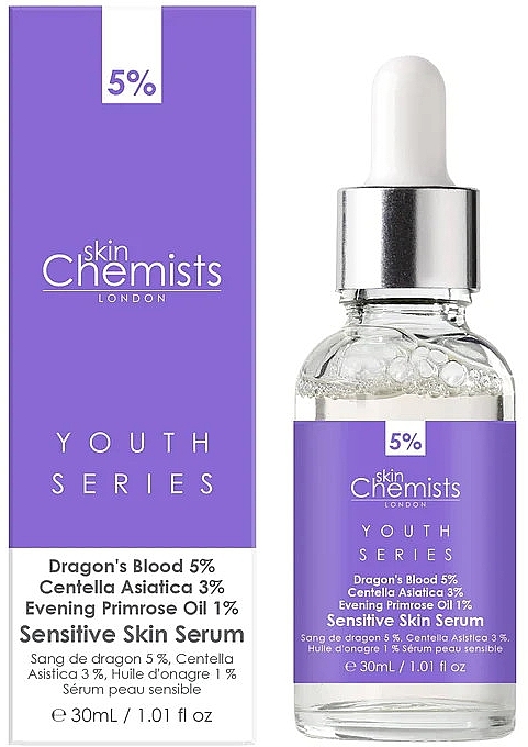 Сироватка для обличчя - Skin Chemists Youth Series Dragon's Blood 5%, Centella Asistica 3%, Evening Primrose Oil 1% Sensitive Skin Serum — фото N1