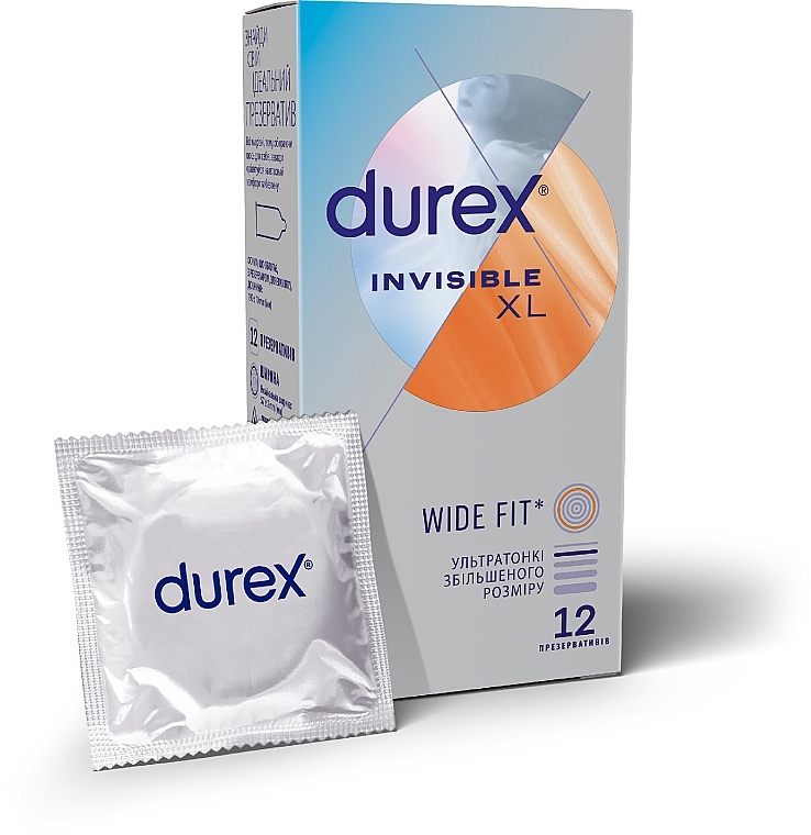 Презервативы латексные с силиконовой смазкой "Ультратонкие" увеличенного размера (шире), 12 шт. - Durex Invisible XL
