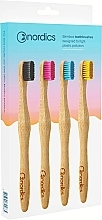 Парфумерія, косметика Зубні щітки бамбукові, 4 шт., з чорною, рожевою, блакитною та жовтою щетиною - Nordics Aadult Bamboo Toothbrushes