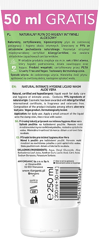 Натуральная жидкость для интимной гигиены "Алоэ" - 4Organic Natural Intimate Wash Aloe — фото N2