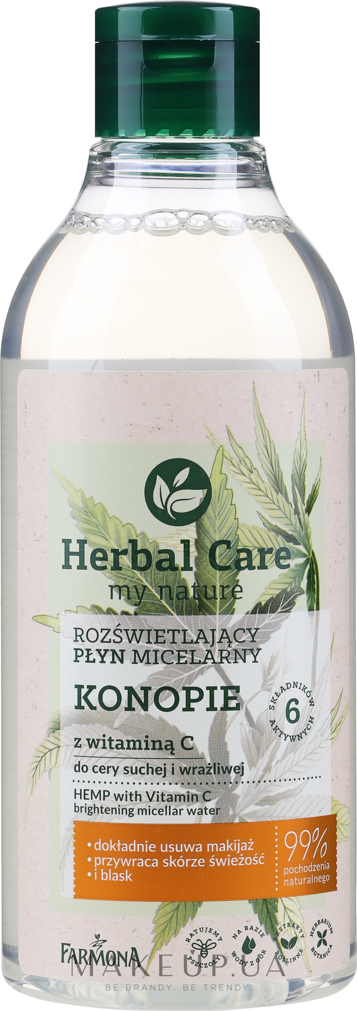 Мицеллярная вода с конопляным маслом и витамином С для очень сухой кожи лица - Farmona Herbal Care  — фото 400ml