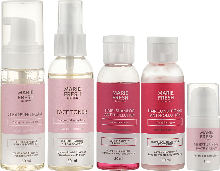 Дорожний набір для сухої та нормальної шкіри - Marie Fresh Cosmetics Travel Set For Dry Skin (f/foam/50ml + f/ton/50ml + h/shm/50ml + h/cond/50ml + f/cr/5ml) — фото N4