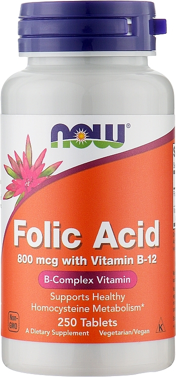 Диетическая добавка "Фолиевая кислота 800 мкг" в таблетках - Now Folic Acid 800 mcg + B12 — фото N3