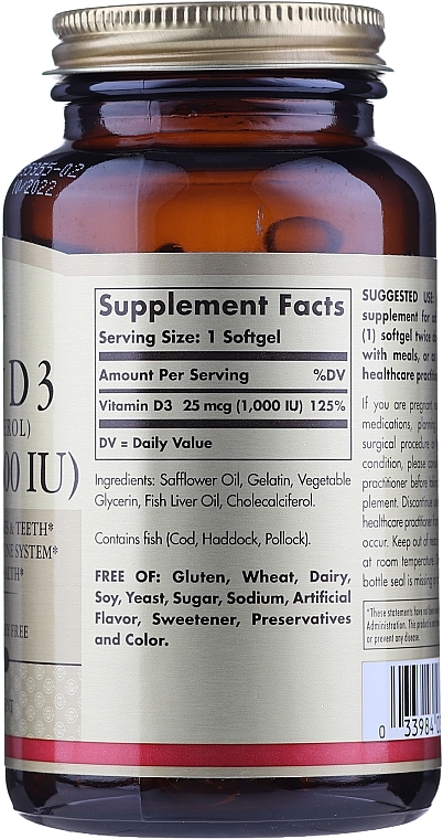 Диетическая добавка "Витамин D" - Solgar Vitamin D3 1000 IU Cholekacyferol — фото N4
