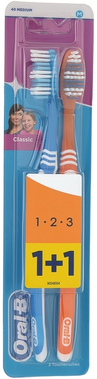 Набор зубных щеток 40 средней жесткости, синяя + оранжевая - Oral-B 1 2 3 Classic — фото N1