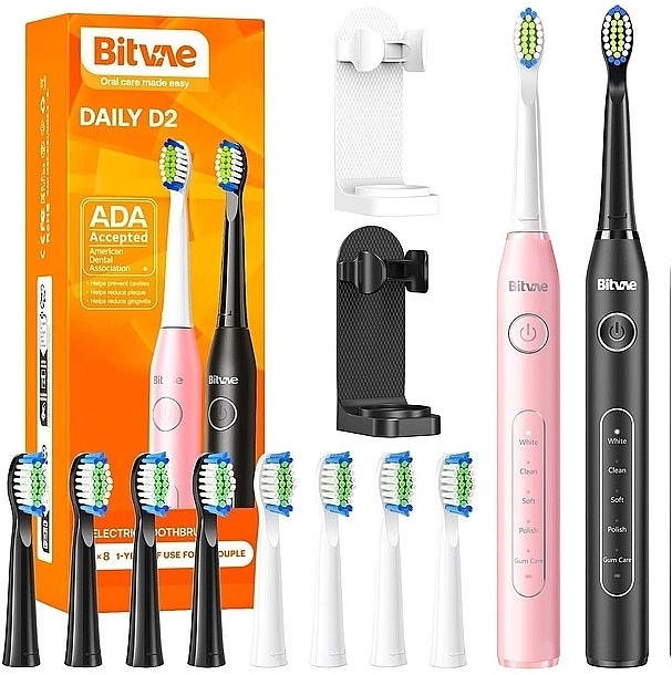 Набор электрических зубных щеток - Bitvae Daily D2 Black + Pink — фото N1