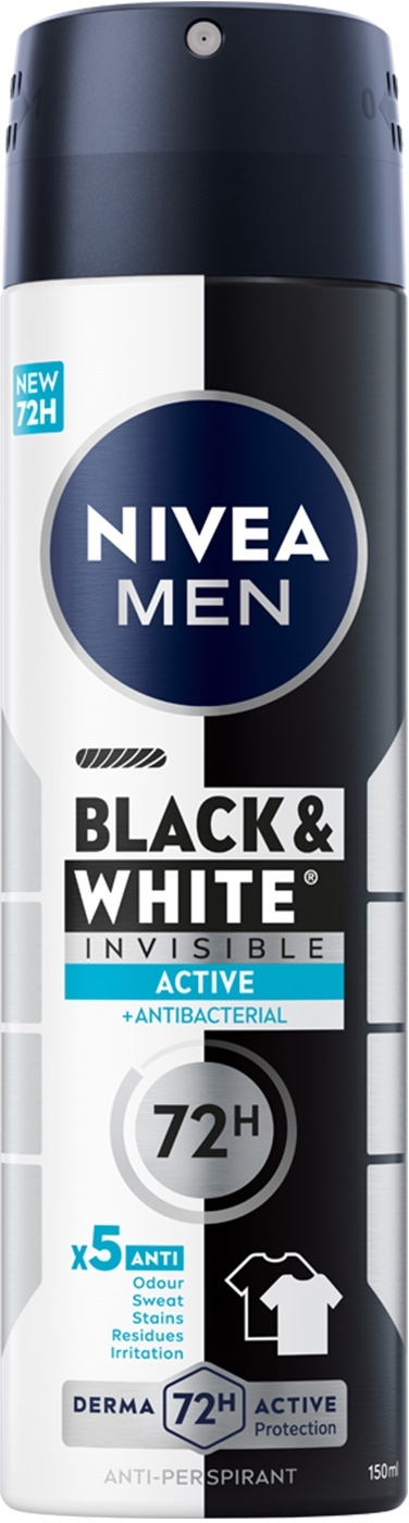 Антиперспирант "Черное и Белое невидимый: свежий", спрей - NIVEA MEN Black & White Invisible Active Anti-Perspirant — фото 150ml