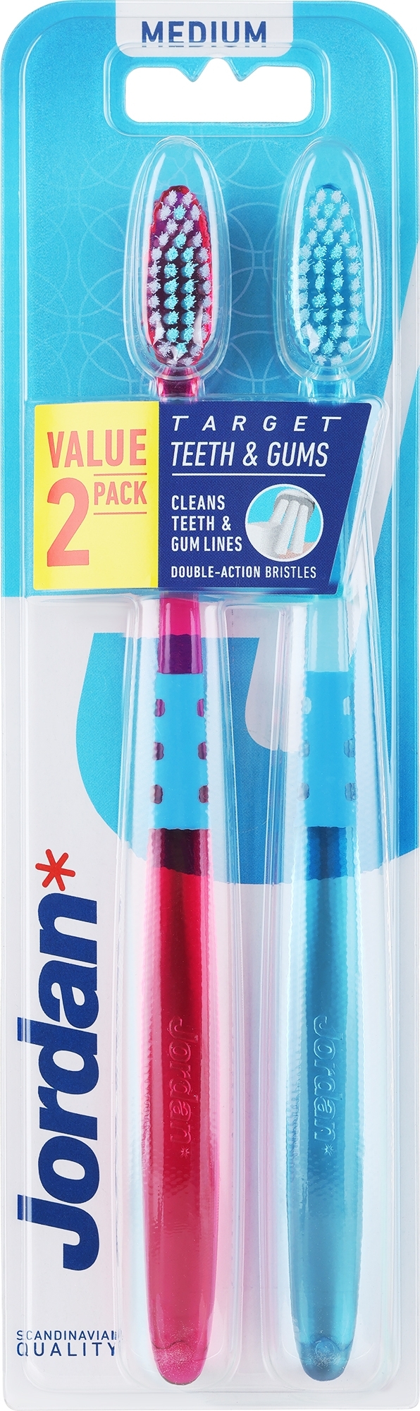 Зубная щетка средней жесткости, голубая + розовая без узоров - Jordan Target Teeth Toothbrush — фото 2шт