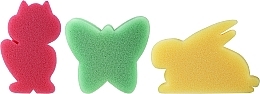 Набор детских губок для ванны, 3 шт, розовый кот + зеленая бабочка + желтый кролик - Ewimark — фото N1