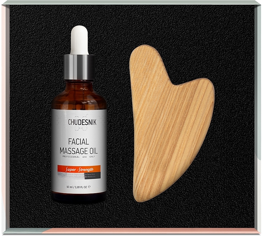 Масажний набір "Гуаша дерев'яний + масло для обличчя" - Chudesnik (f/oil/50ml + massager) — фото N3