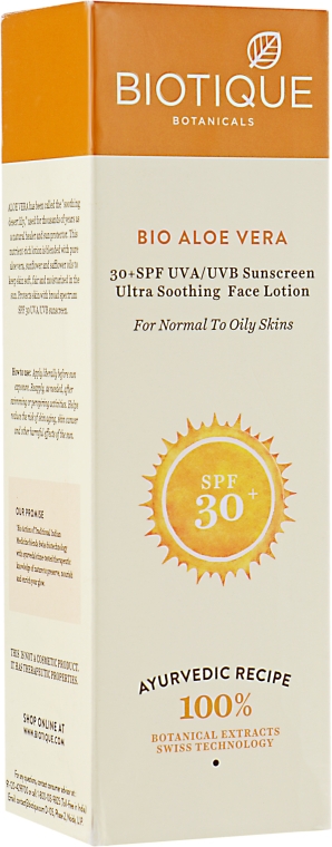 Сонцезахисний та омолоджувальний лосьйон для обличчя і тіла SPF 30 - Biotique Aloe Vera Face and Body Sun Lotion — фото N1
