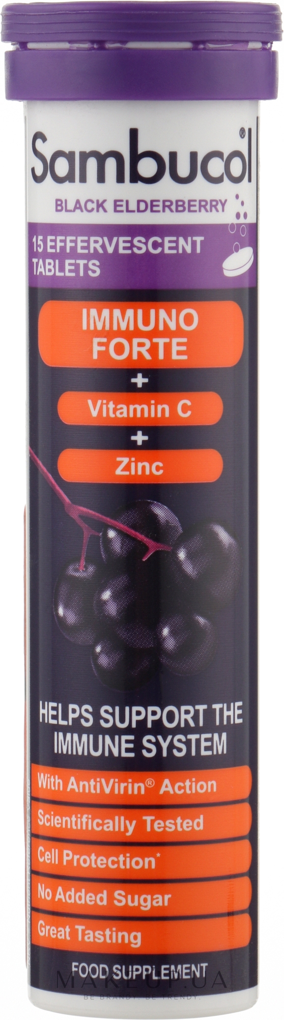 Шиплячі таблетки для імунітету "Чорна бузина + вітамін С + цинк" - Sambucol Immuno Forte — фото 15шт