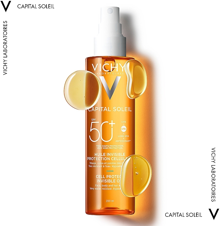 Солнцезащитное водостойкое масло для кожи лица, тела и кончиков волос, SPF 50+ - Vichy Capital Soleil Invisible Oil SPF 50+ — фото N2
