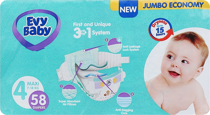 Підгузки дитячі гігієнічні одноразові Maxi Elastic Jumbo 7-18 кг, 58 шт. - Evy Baby — фото N2