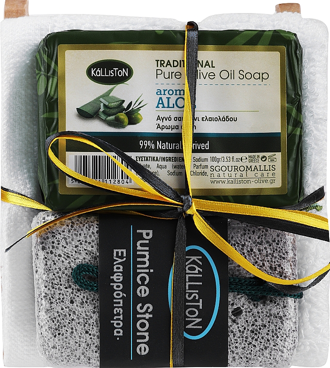 Набор, мыло с ароматом алоэ - Kalliston (soap/100g + soap/dish/1pc + stone/1pc + towel/1pc) — фото N1