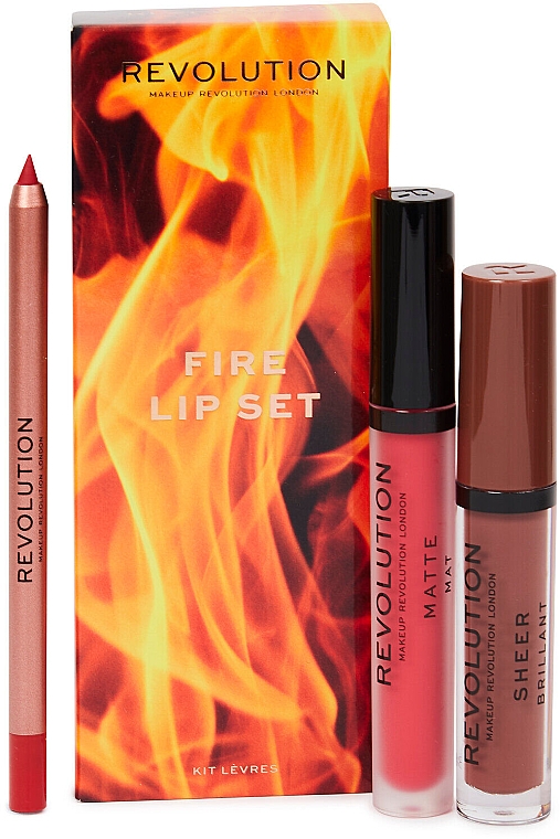 Набор для макияжа - Makeup Revolution Fire Lip Set (l/gloss/3.5ml + lipstick/3ml + l/liner/1g) — фото N1