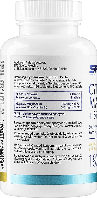 Харчова добавка "Цитрат магнію + B6" - SFD Nutrition Cytrynian Magnezu + B6 (P-5-P) — фото N2