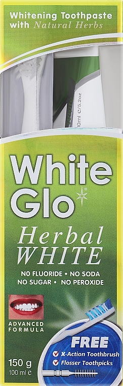 Набор с бело-желтой щеткой - White Glo Herbal White Set (t/paste/100ml + t/brush/1pc + dental/flosser) — фото N2