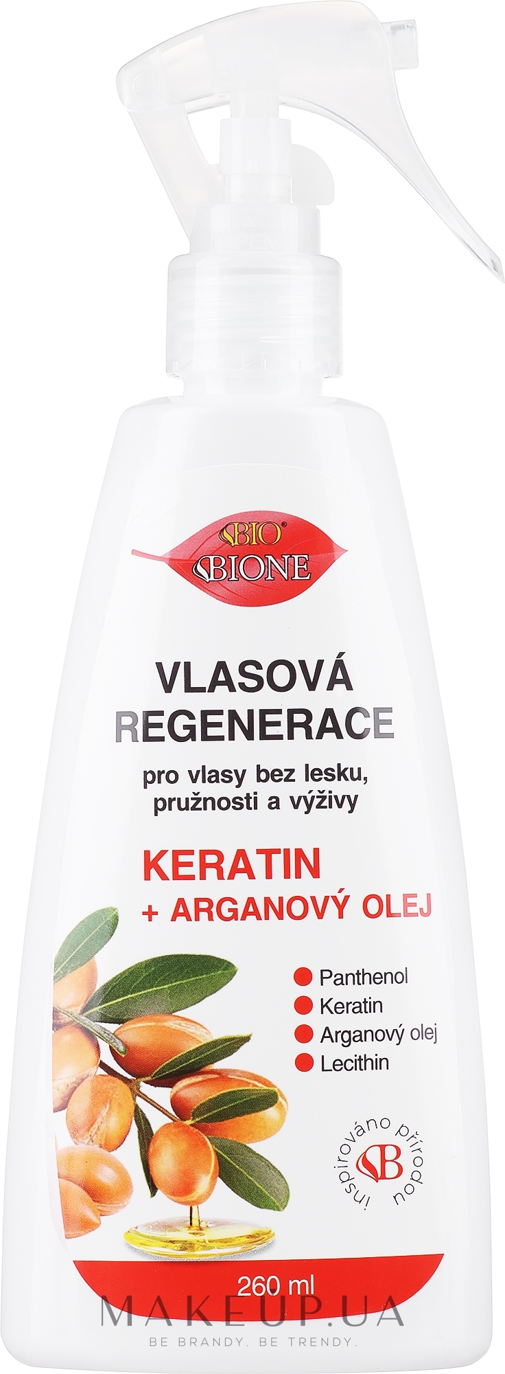 Регенерирующий спрей для волос - Bione Cosmetics Keratin + Argan Oil Hair Regeneration With Panthenol — фото 260ml