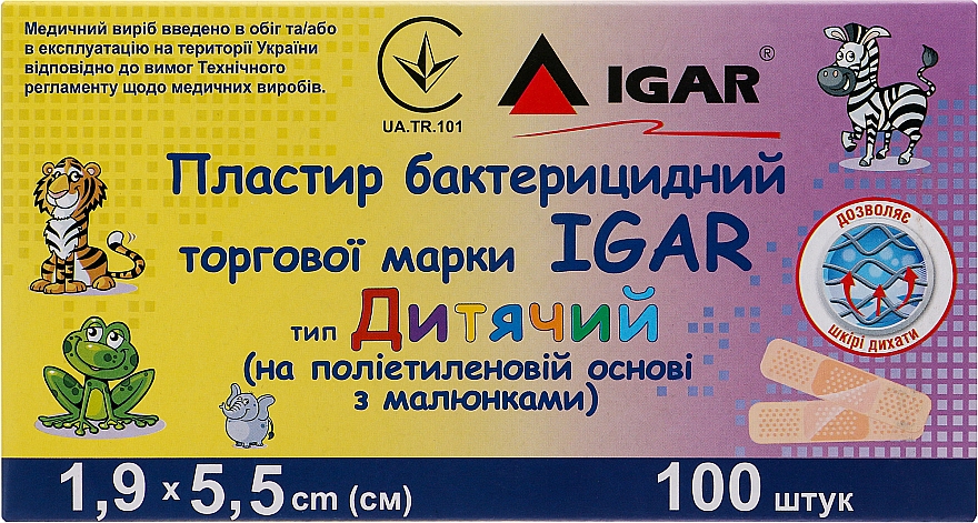 Пластир бактерицидний "Дитячий на поліетиленовій основі з малюнками", 1.9х5.5 см, 100 шт. - Igar
