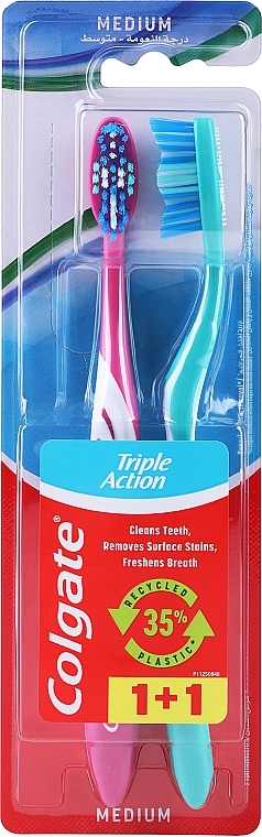 Набор зубных щеток "Тройное действие" средней жесткости, 2 шт., розовая + бирюзовая - Colgate Triple Action Medium — фото N1