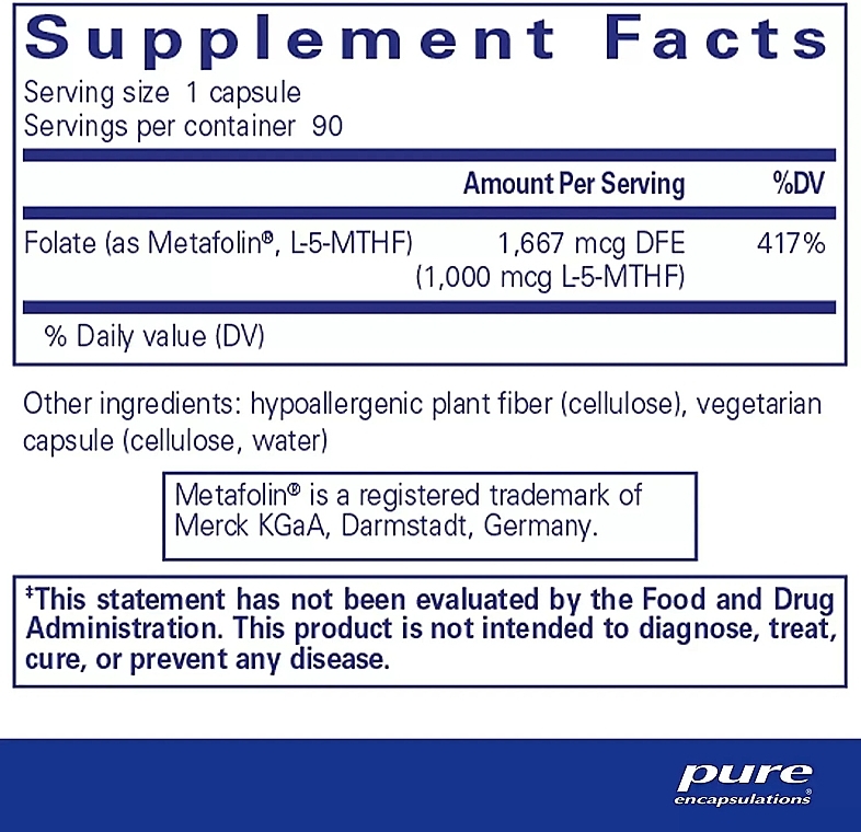 Диетическая добавка "Фолат 1000", капсулы - Pure Encapsulations Folate 1000 — фото N2