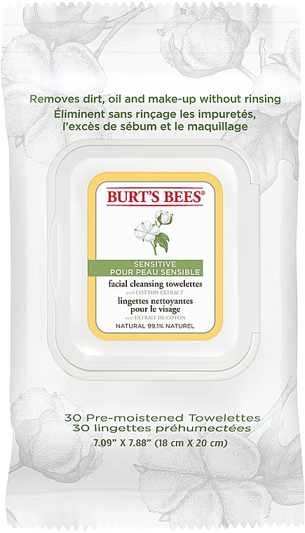 Очищающие салфетки для чувствительной кожи, 30 шт - Burt's Bees Cotton Extract Sensitive Cleansing Towelettes — фото N1