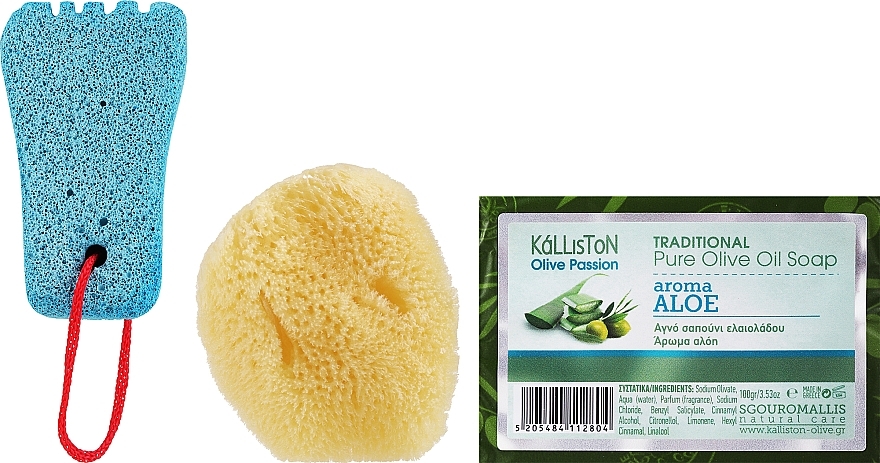 Набір, мило з ароматом алое, блакитна пемза - Kalliston (soap/100g + stone/1pcs + sponge/1pcs) — фото N1