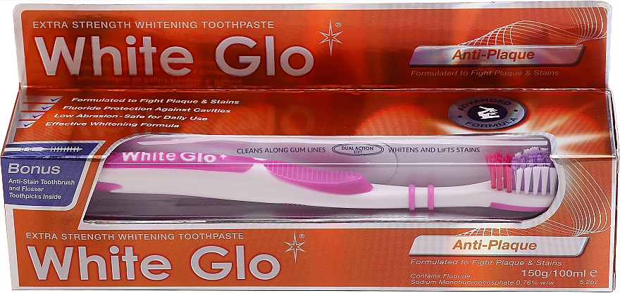 Набір "Зубний наліт" з біло-рожевою щіткою - White Glo Anti-Plaque (t/paste/100ml + t/brush/1 + dental/flosser/1) — фото N1