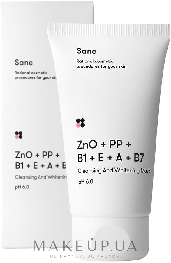 Маска для лица очищающая и отбеливающая Sane с оксидом цинка + витамины РР В1 Е А В7 - Sane Cleansing And Whitening Mask — фото 75ml