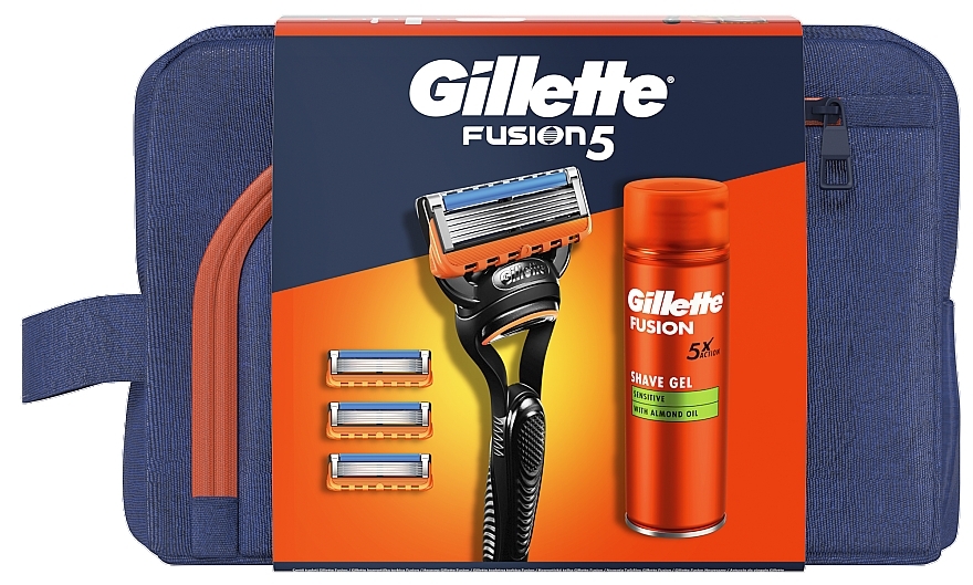 Набор - Gillette Fusion 5 (gel/200ml + razor/1pc + blade/4pcs + bag/1pc) — фото N1