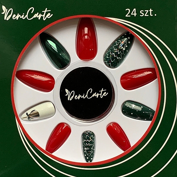 Накладні нігті "Різдвяні візерунки", червоно-зелені з білим - Deni Carte — фото N1