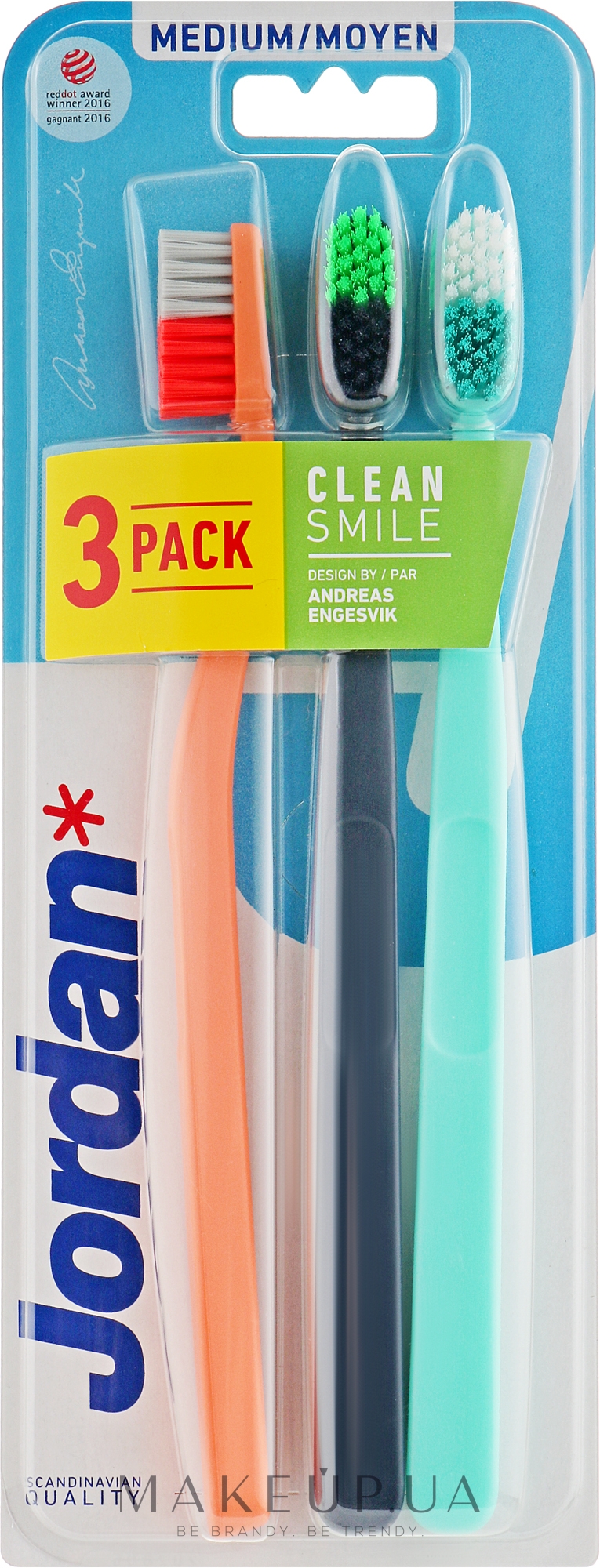 Зубная щетка, средняя, оранжевая + черная + мятная - Jordan Clean Smile Medium — фото 3шт