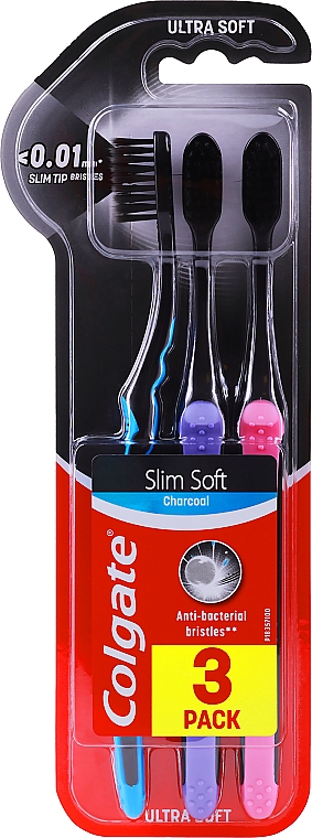Зубні щітки ультрам'які, блакитна + фіолетова + рожева - Colgate Slim Soft Charcoal Ultra Soft — фото N1