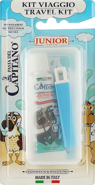 Набір із синьою щіткою - Pasta Del Capitano Junior Travel Kit 6+ Soft (toothpast/25ml + toothbrush/1pc) — фото N1