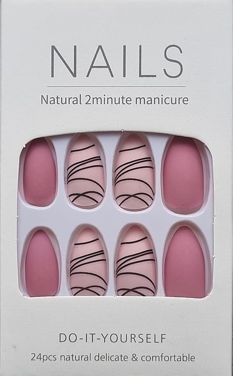 Накладні нігті матові з візерунком із ниток чорного кольору, 24 шт. - Deni Carte Nails Natural 2 Minutes Manicure — фото N1