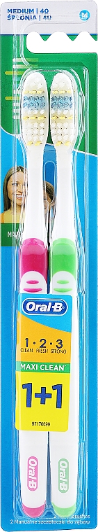 Набор зубных щеток (розовая + зеленая) - Oral-B 1 2 3 Maxi Clean 40 Medium 1 + 1 — фото N1