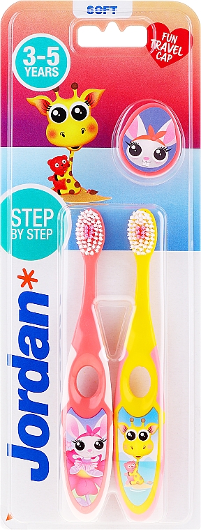 Детская зубная щетка, 3-5 лет, розовая+желтая, с жирафом - Jordan Step By Step Soft Clean