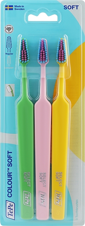 Набір зубних щіток, 3 шт., зелена + рожева + жовта - TePe Colour Soft — фото N1