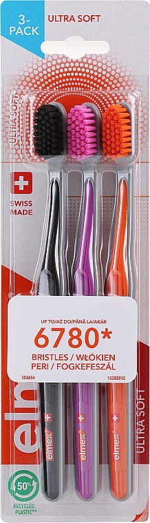 Зубные щетки, ультрамягкие, черная + фиолетовая + оранжевая - Elmex Swiss Made — фото N1