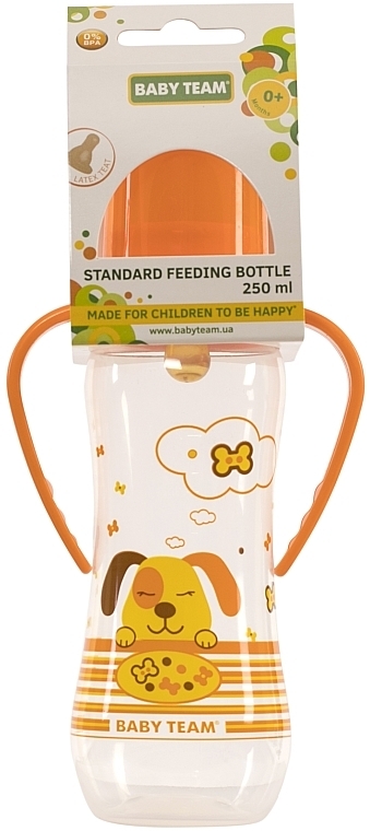 Бутылочка для кормления с латексной соской и ручками "Собачка", 250 мл, 0+, оранжевая - Baby Team — фото N1