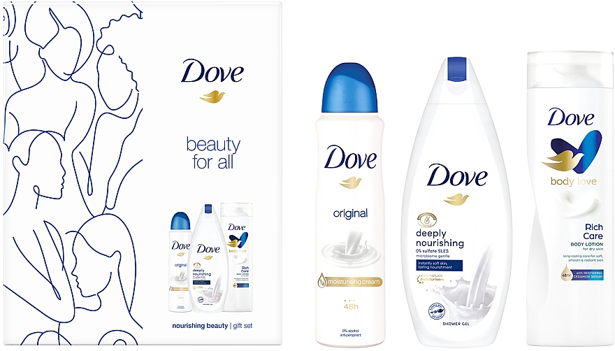 Набор - Dove Nourishing Beauty Gift Set (sh/gel/250ml + b/lot/250ml + deo/spray/150ml) — фото N2